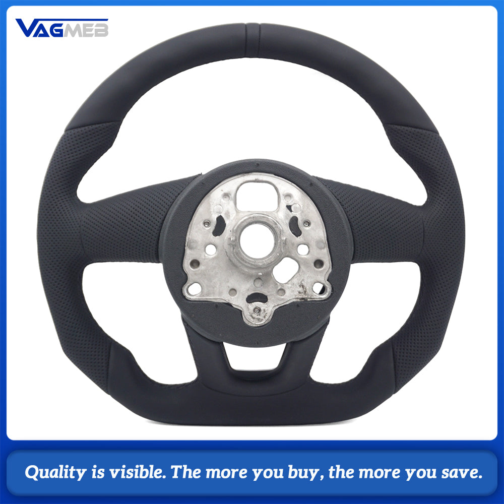 Stylized Shape Semi‑Perforated Steering Wheel Black Stitch Black Centering Marker No Paddle No Buttons For Audi A4 B9 Interior Upgrade