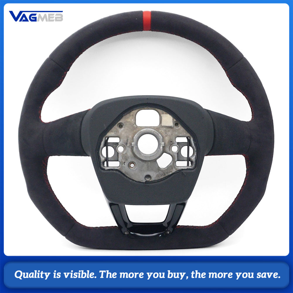 For Audi Q3 Steering Wheel, Gloss Black Finish, Full Alcantara, Red Stitching, Red Return Marker, Without Buttons and Paddle Shifters