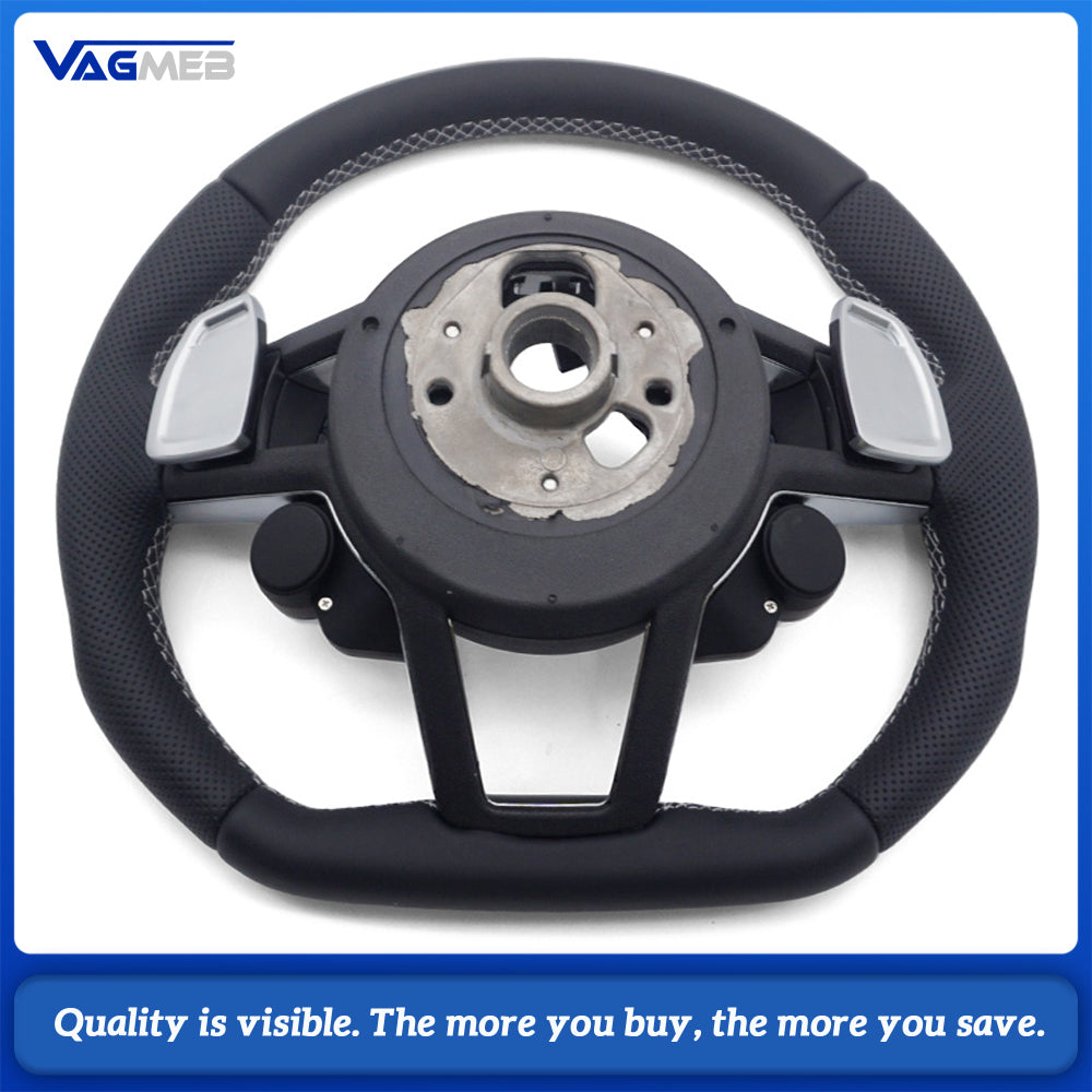 R8 Style Steering Wheel Semi‑Perforated Leather White Stitching With Paddle Shifters Full Multifunction R8 Satellite Buttons Hands‑Off Detection HOD For Audi R8