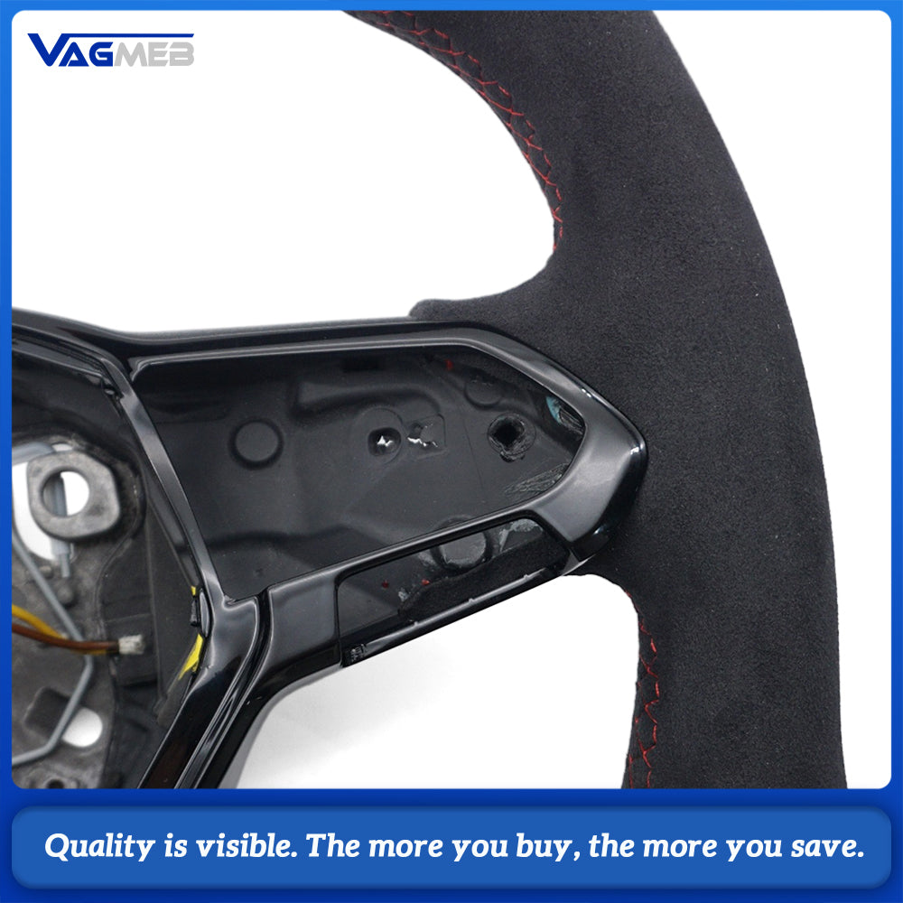 Car Full Suede Alcantara Steering Wheel Red Stitching Red Center Marker Without Control Buttons and Paddle Shifters Replacement For Volkswagen Golf 8 MK8