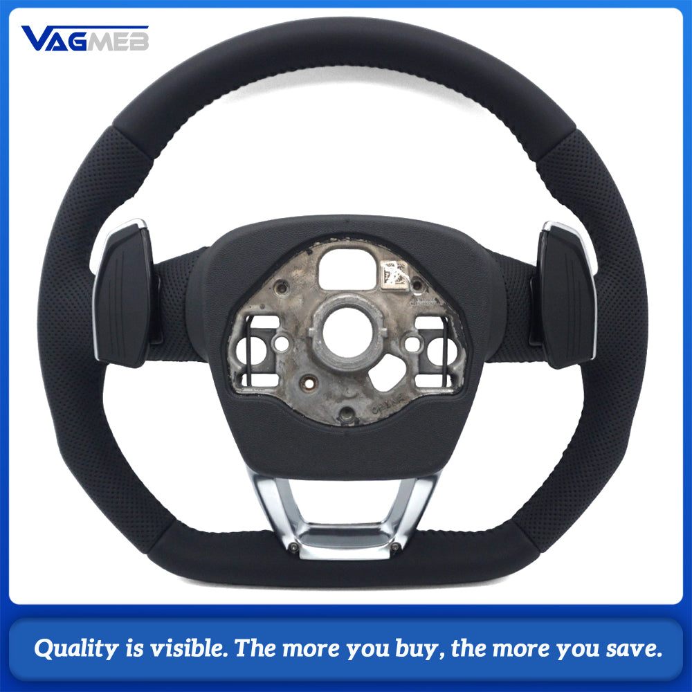 Sport Steering Wheel Half‑Perforated Leather Black Stitching For Audi Q3, With Shift Paddles, No Buttons, Non‑Heated