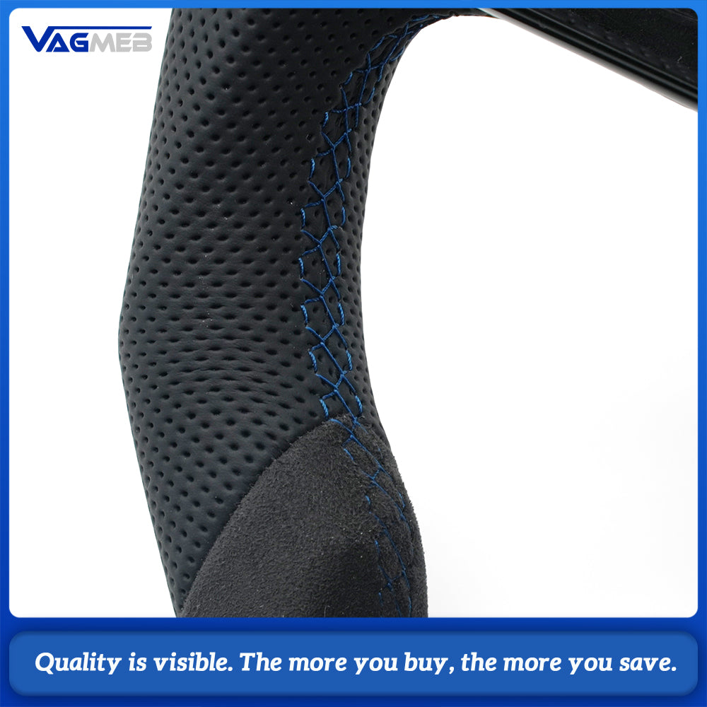 For Audi A4 B9 RS Steering Wheel, Alcantara TopBottom, Perforated Leather Sides, Blue Stitching, Blue 12 o’Clock Marker