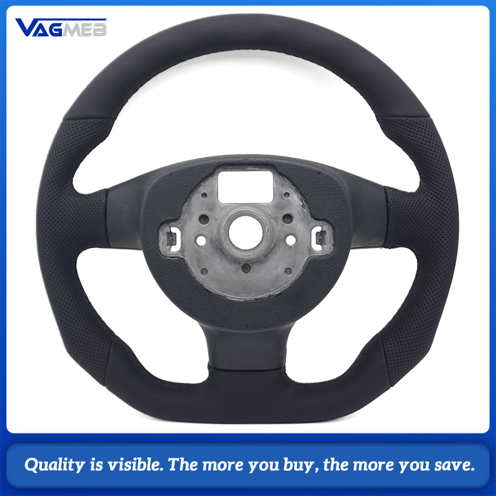 VW Golf MK5 Semi Perforated Leather Steering Wheel, Black Stitching With Control Buttons, Without Shift Paddles Retrofit Replacement