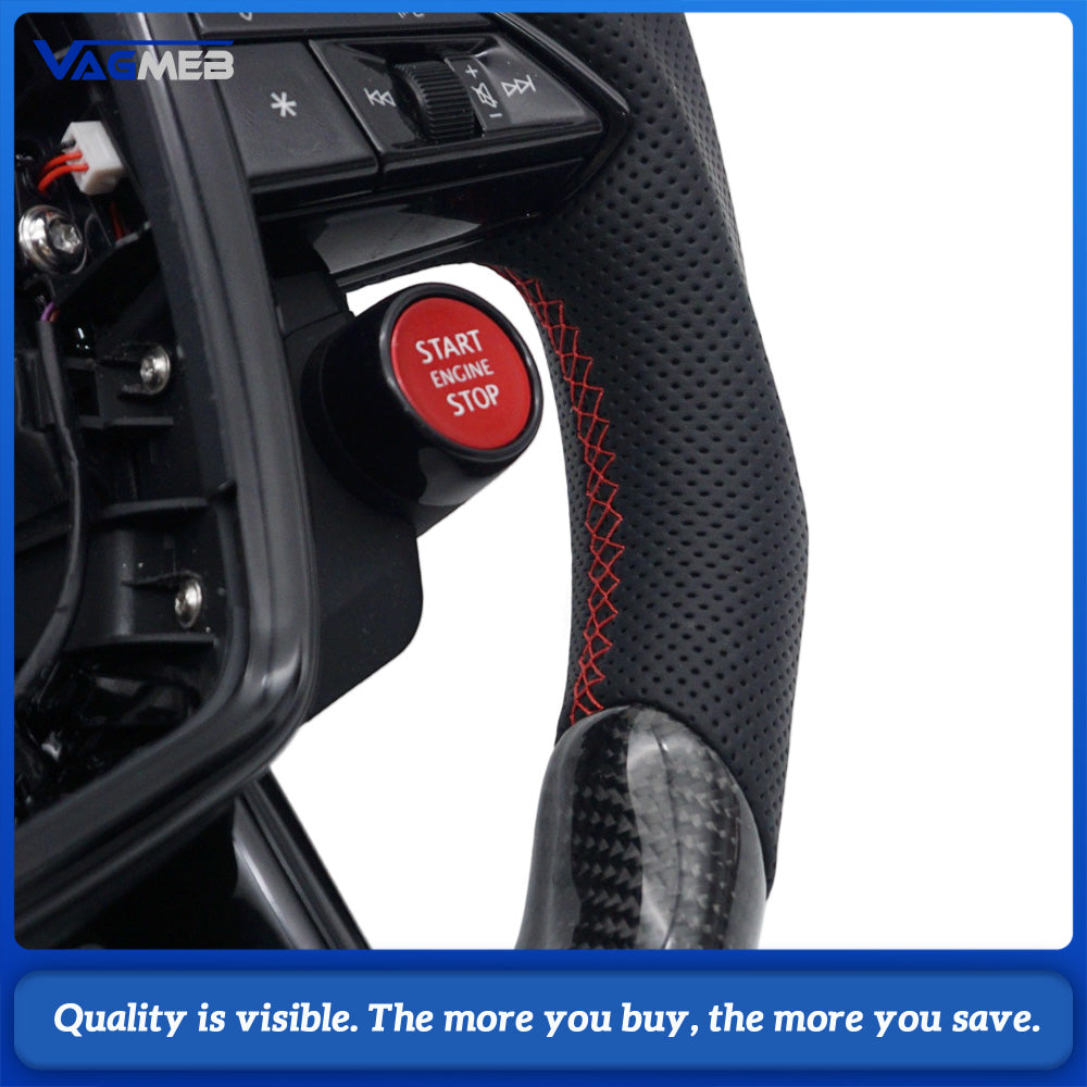 Carbon Fiber Half Perforated Steering Wheel, Gloss Black Trim, Red Stitch, Red Center Marker, R8 Buttons, Heating & Hands Off Detection, With Paddle Shifters & Multifunction Keys for Audi A6 C8