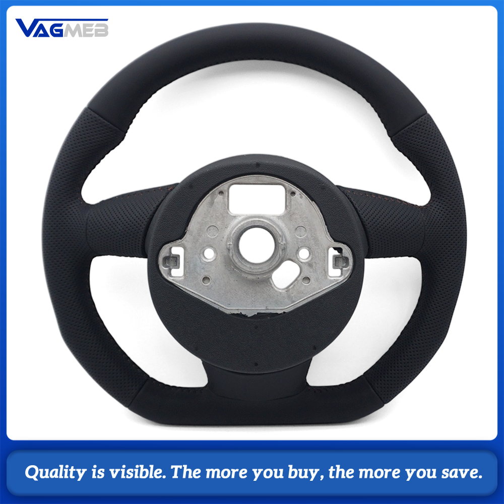 Car Steering Wheel Half Perforated Leather Brown Stitching With Control Buttons Without Paddle Shifters Replacement For Audi A4 B8