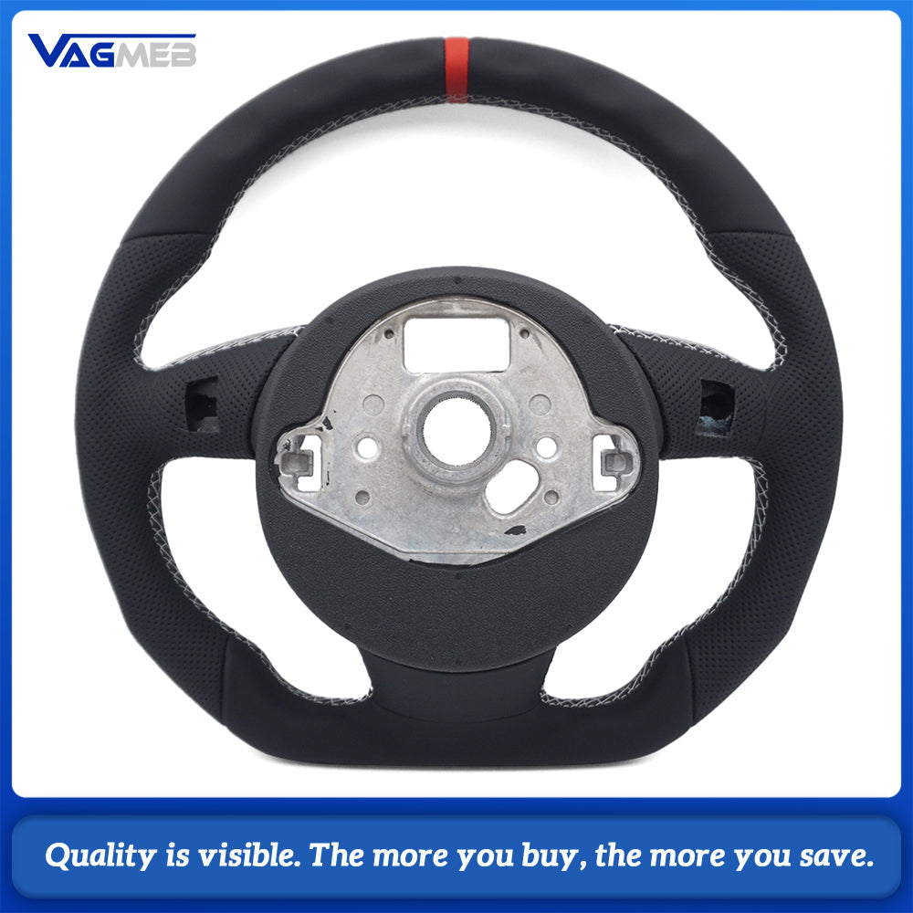 Car Steering Wheel Base with Shape Half Perforated Leather White Stitch Red Centering Marker Fit Audi A4 B8 Retrofit