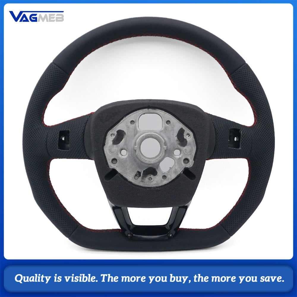 For Audi Q5FY Gloss Black Half Perforated Leather Steering Wheel, Red Stitching Steering Wheel Without Shift Paddles and Buttons