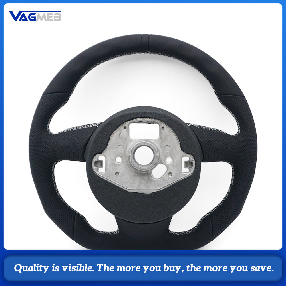 For Audi A4 B8 Shaped Steering Wheel Base, Half Perforated Leather White Stitching Black Centering Marker