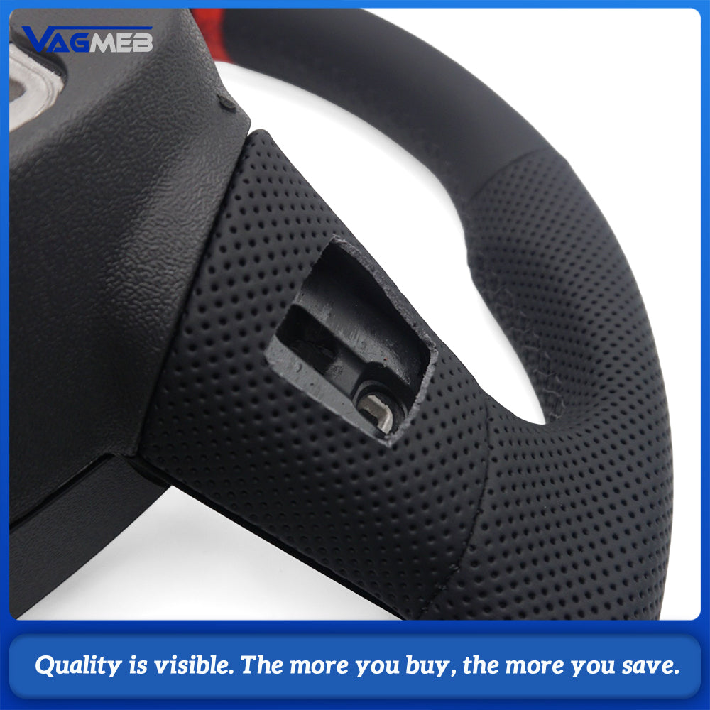 For Audi A6 C8 S Steering Wheel, Half Perforated Leather, Black Stitching, Red Marker, Heated, Flat Bottom