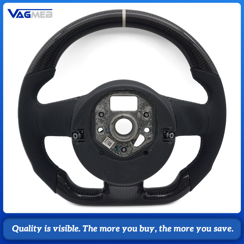 D-shaped Carbon Fiber Steering Wheel White Centering Marker Half Perforated Leather Fit Audi A4 B8 A5 Q5 8R No Paddles No Buttons