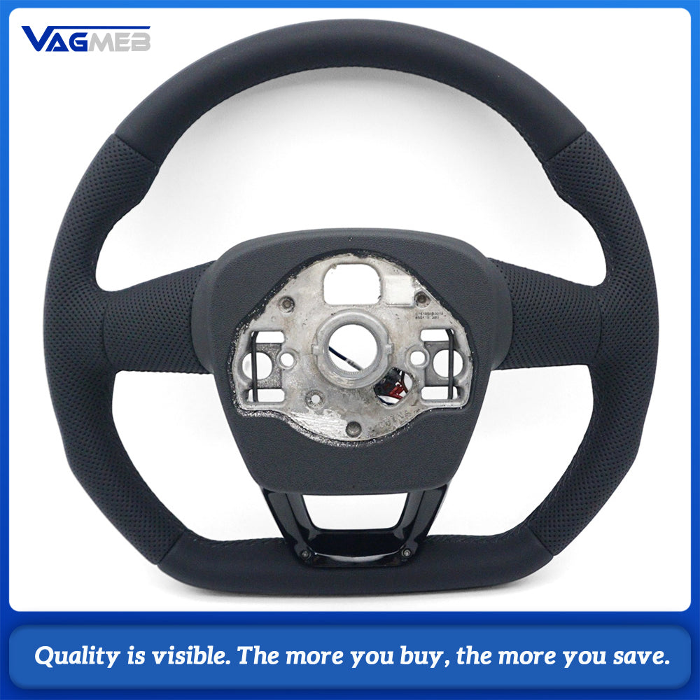 For Audi Q3 Steering Wheel, Half Perforated Leather, Gloss Black Finish, Black Stitching, Heated Function, Without Buttons & Paddle Shifters