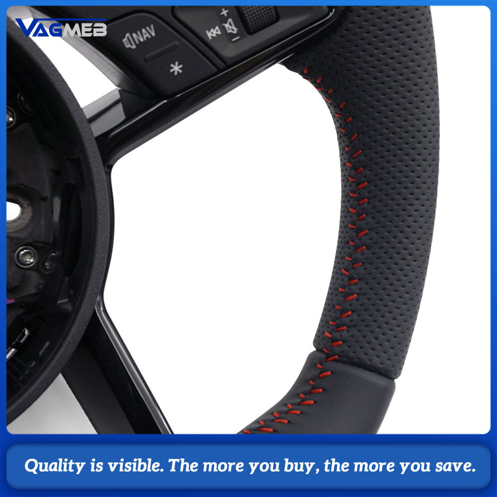For Audi R8 Style RS Steering Wheel Half Perforated Red Stitch With Buttons & Shift Paddles