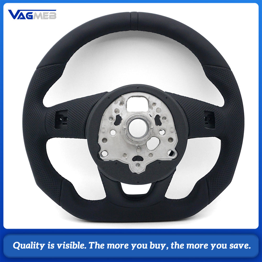 For Audi A4 B9 Shaped Steering Wheel, Half Perforated Leather Black Stitching Black Centering Marker Without Control Buttons and Shift Paddles