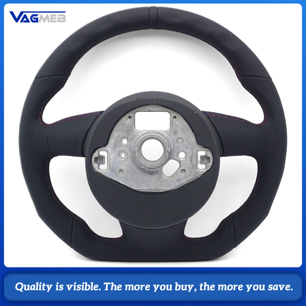 Semi‑Perforated Leather Steering Wheel Red‑Blue Stitching Black Center Mark Sculpted Flat‑Bottom No Paddle Shifters Buttons Not Included For Audi A4 B8