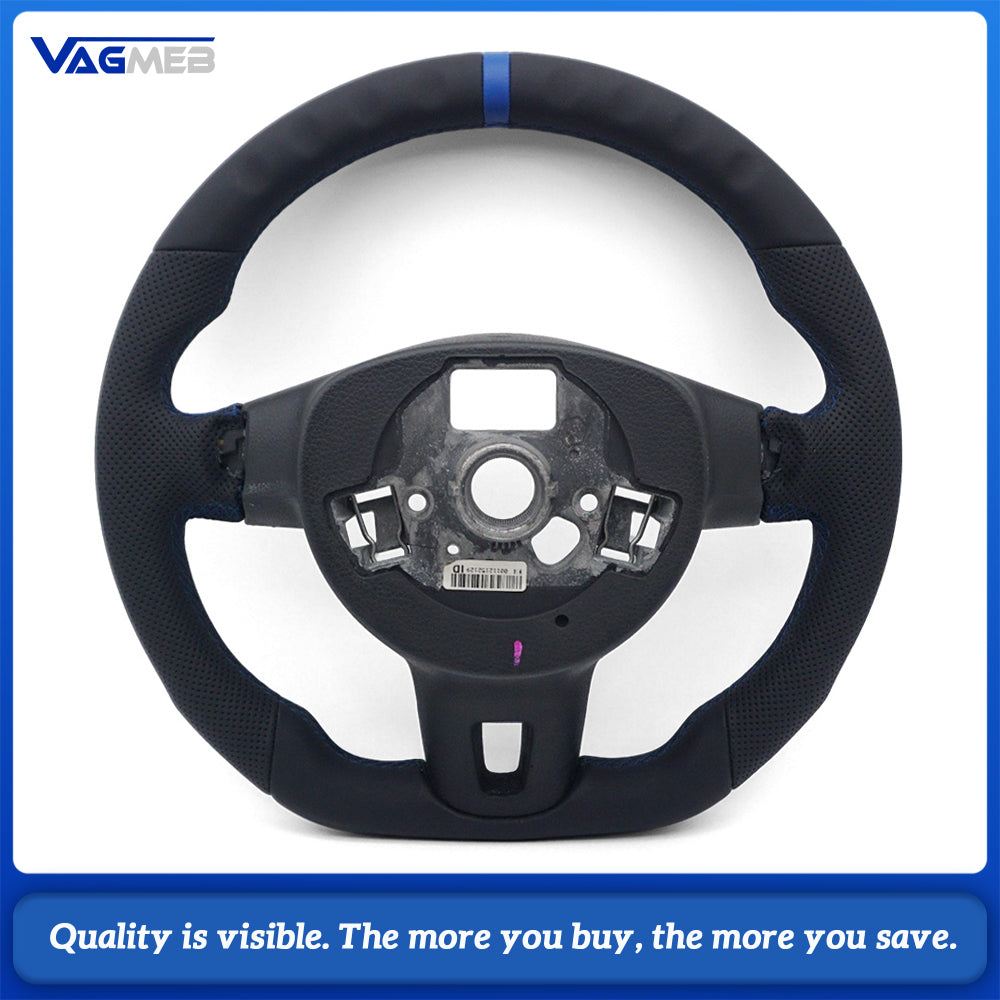 Sport Steering Wheel Semi‑Perforated Leather Blue Contrast Stitching Blue Center Mark Buttons Not Included For VW Passat B7 Interior Retrofit Upgrade