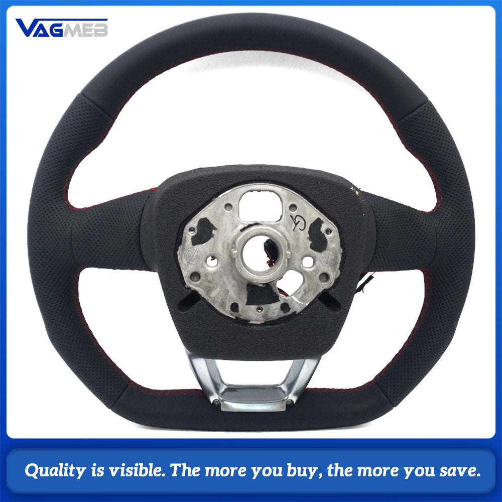 Heated Sport Steering Wheel Half‑Perforated Leather Red Stitching For Audi Q5FY, No Buttons No Shift Paddles