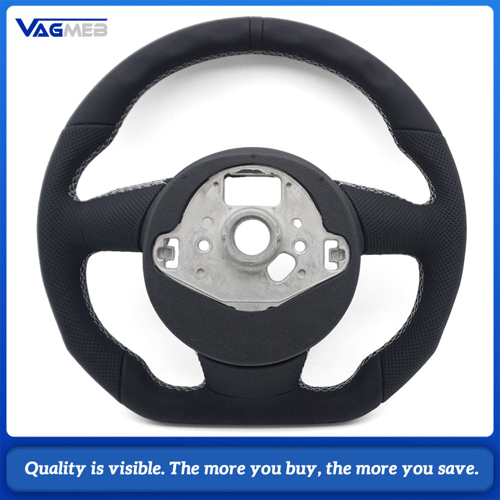 Audi A4 B8 Ergonomic Sculpted D-shaped Steering Wheel Half Punch Leather Black 12 O’clock Top Mark OEM Hub Base
