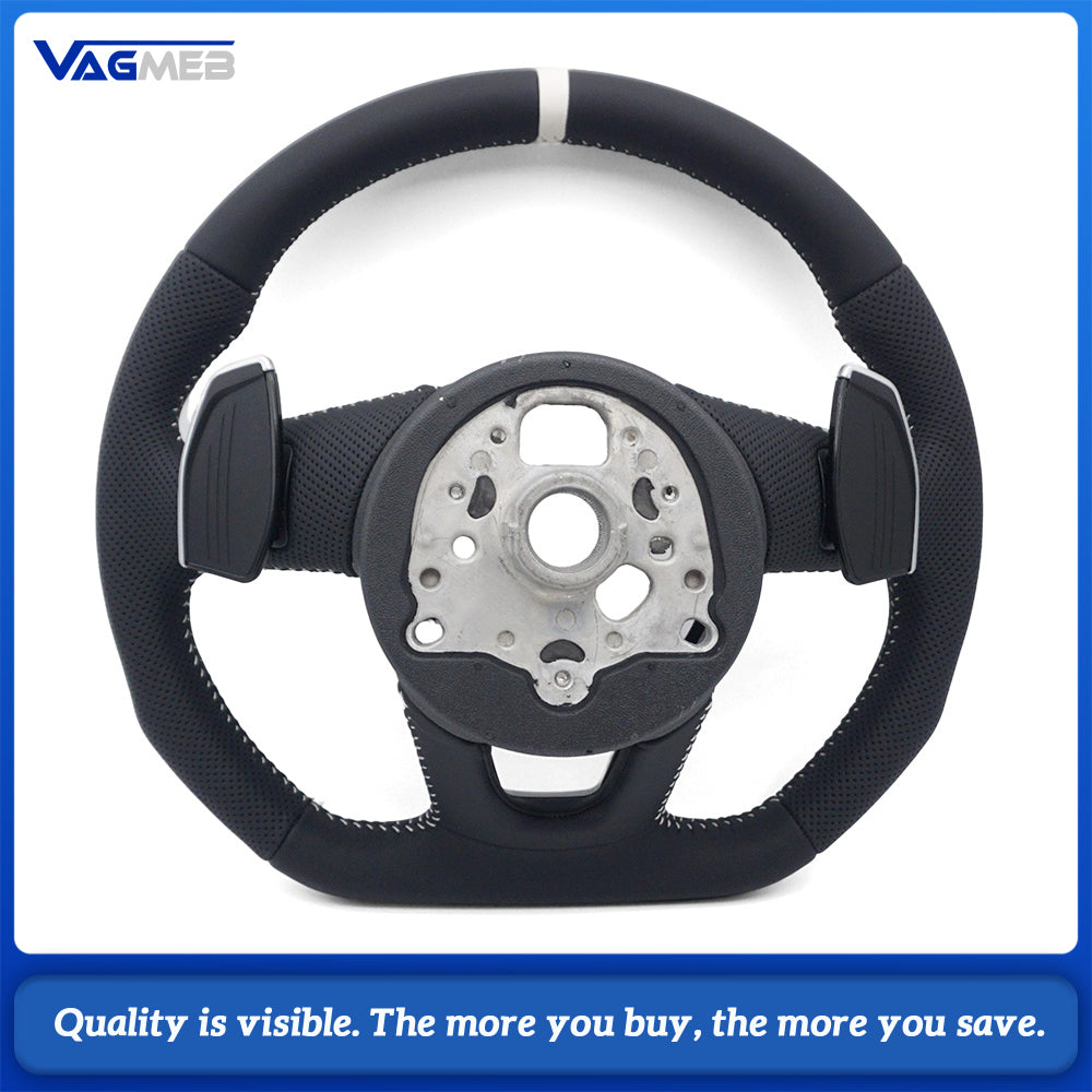 Half Perforated Leather Steering Wheel Fit for Audi A4 B9, White Stitching, With Buttons & Chrome Shift Paddles