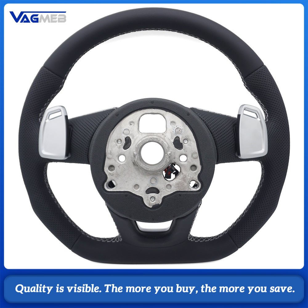 Half Perforated Steering Wheel for Audi A4 B9, White Stitch, Heated, With Paddle Shifters, No Buttons