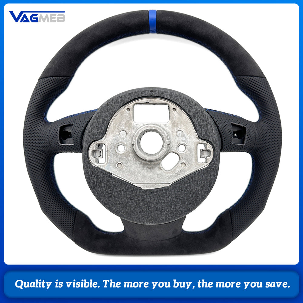 Sculpted Flat‑Bottom Sport Steering Wheel Top & Bottom Alcantara Left‑Right Perforated Leather Blue Stitching Blue Center Mark No Paddles Buttons Not Included For Audi A4 B8