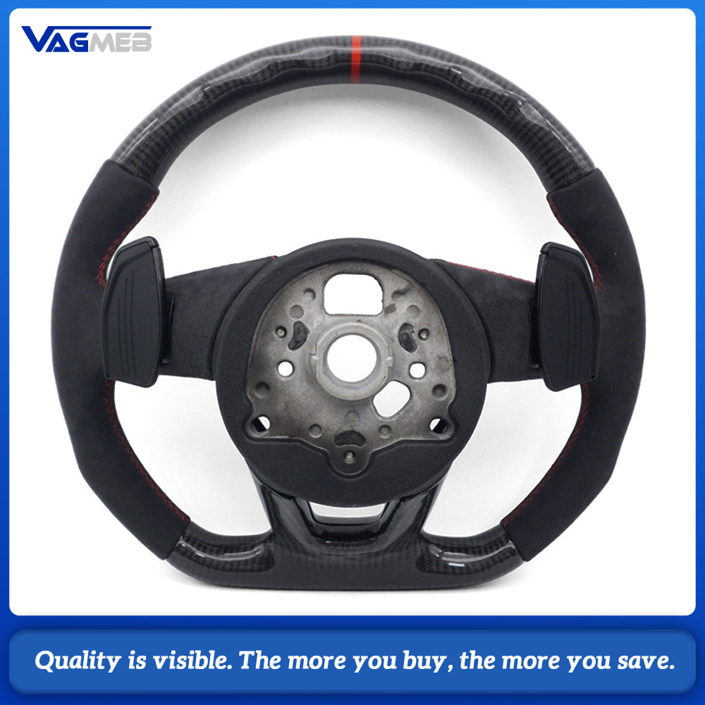 Carbon Fiber Semi‑Alcantara Suede Sport Steering Wheel Red Contrast Stitching Red Center Mark Chrome Paddle Shifters Buttons Not Included For Audi A4 B9