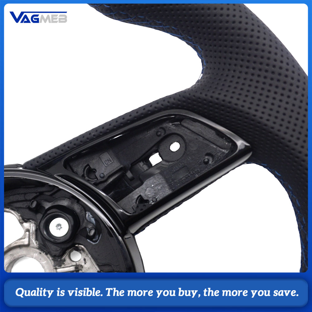 For Audi A4 B9 RS Logo Half Perforated Leather Steering Wheel Blue Stitch Blue Center Marker