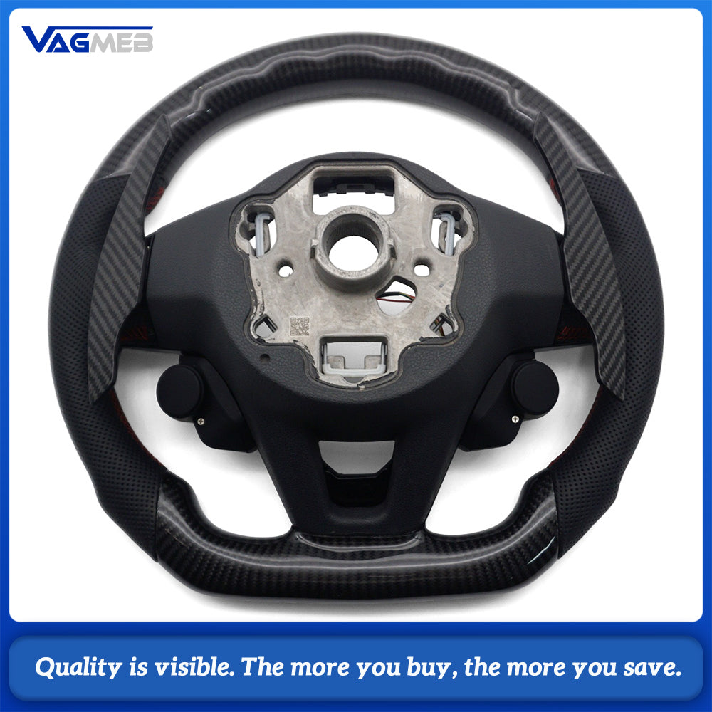 LED Carbon Fiber Steering Wheel For VW Golf MK8 GTI R, Half Perforated Leather Red Stitching, Red Top Marker, Multifunction Buttons, Carbon R8 2 Mode Buttons, DSG Paddle Shifters