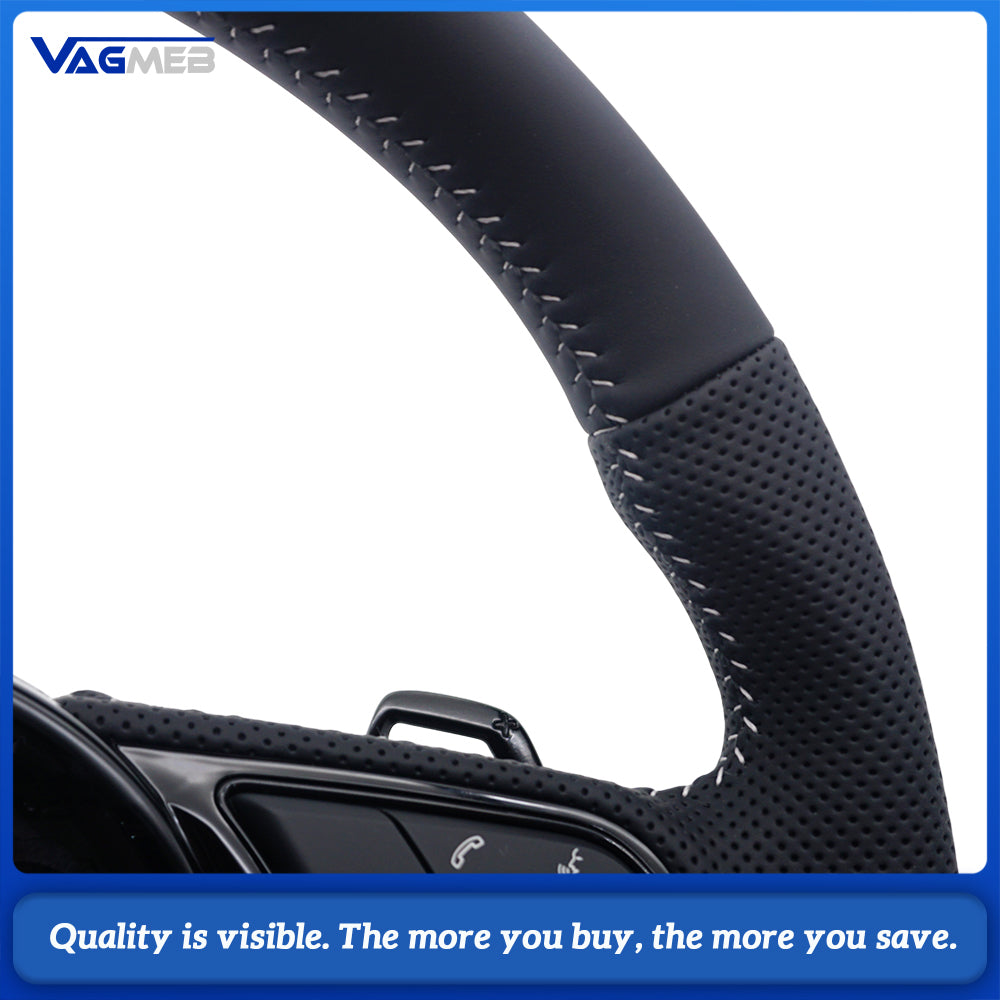 For Audi A4 B9 S-Line Half Perforated Steering Wheel White Stitching Blackened With Buttons Paddle Shifter