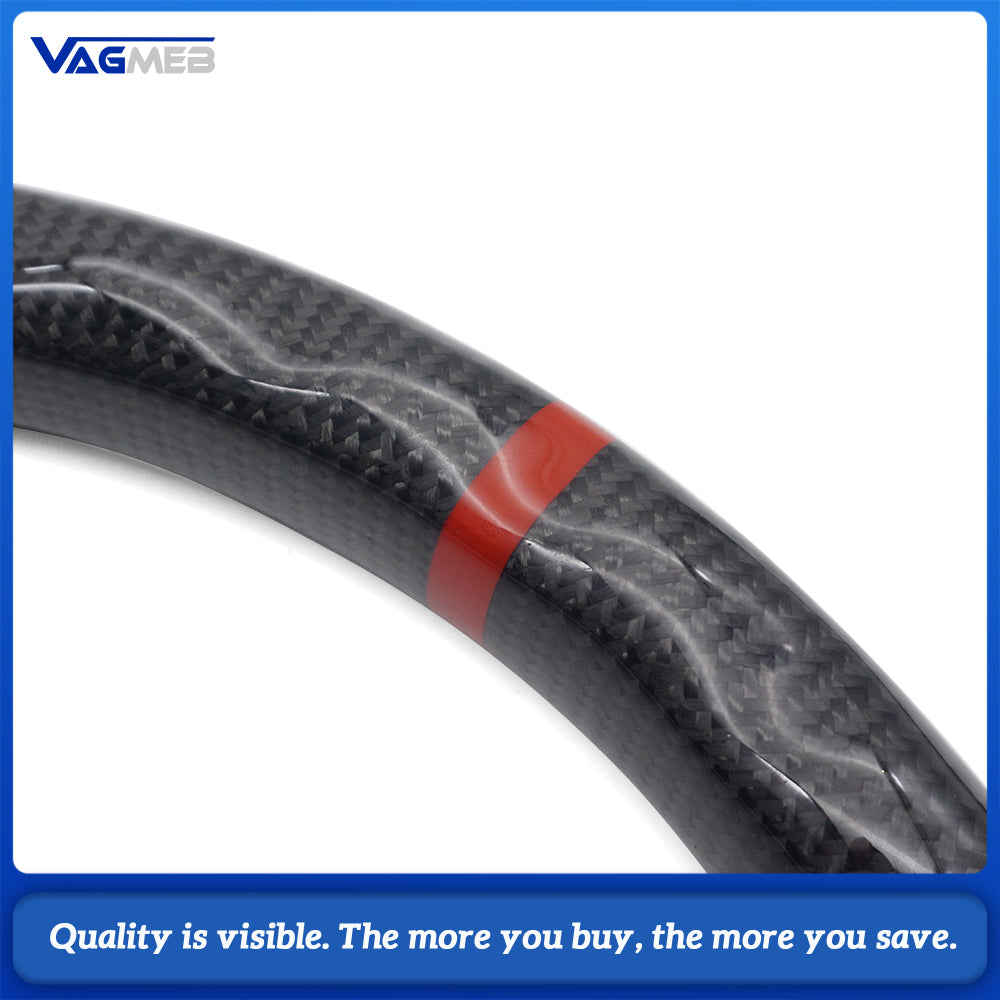 Car Carbon Fiber Half Perforated Leather Steering Wheel Red Stitch Red Centering Marker With Solid Carbon Fiber Button Frame For VW T6