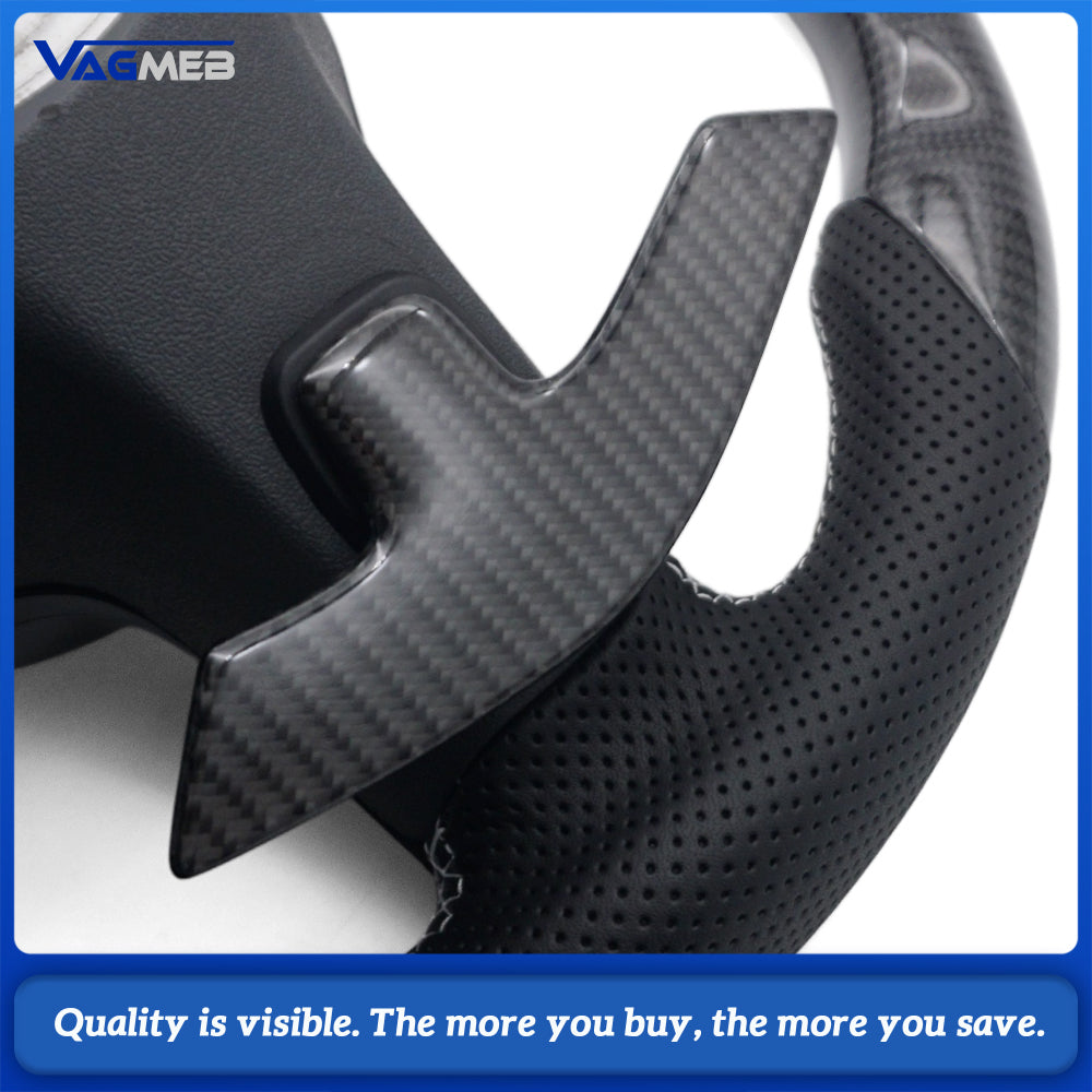 Car AMG Style Carbon Fiber Half Perforated Leather Steering Wheel White Stitching White Center Marker With Control Buttons And Large Paddle Shifters For Mercedes Benz