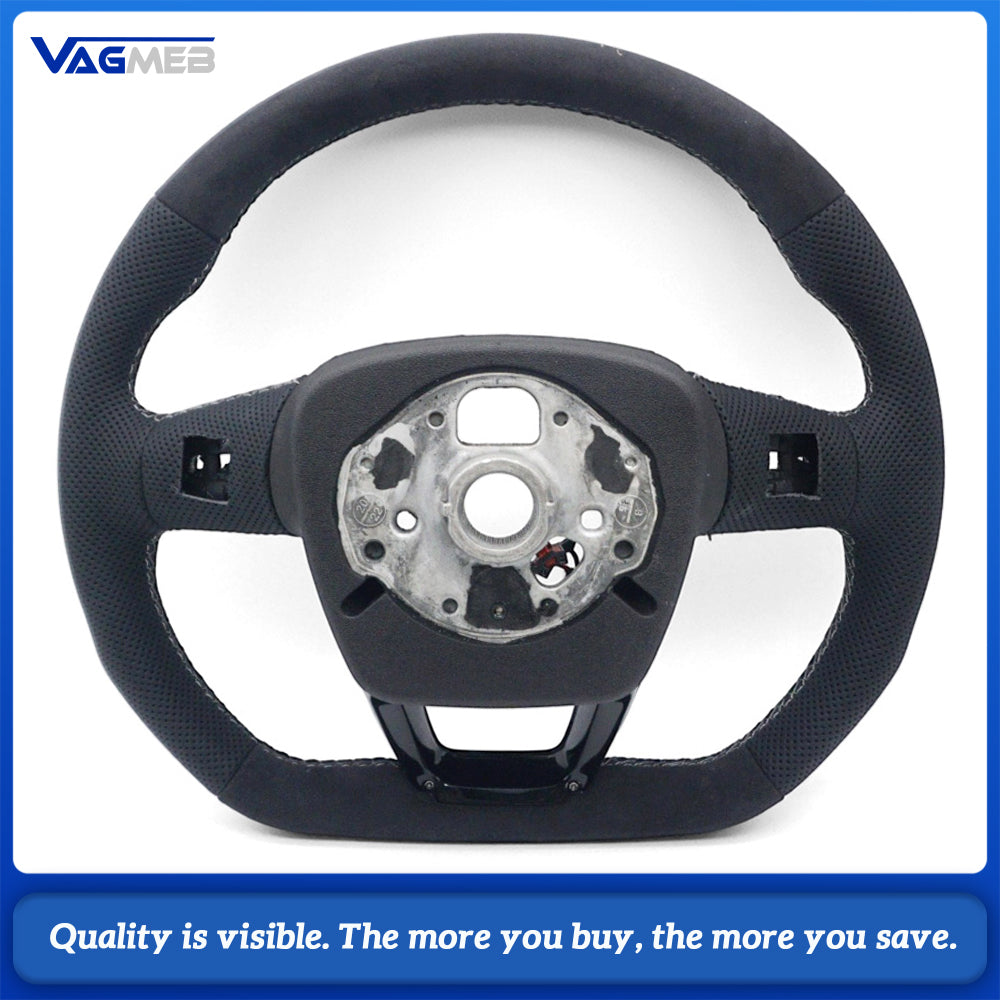 For Audi Q5L Steering Wheel, Matte Black Alcantara Upper & Lower, Perforated Leather on Both Sides, Dark Gray Contrast Stitching, Heating Function, Without Buttons, Without Shift Paddles, No Airbag, Car Sport Modification Part