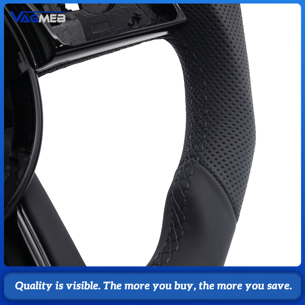 For Audi A4 B9 RS Logo Half Perforated Black Leather Steering Wheel Black Stitch No Paddle No Button