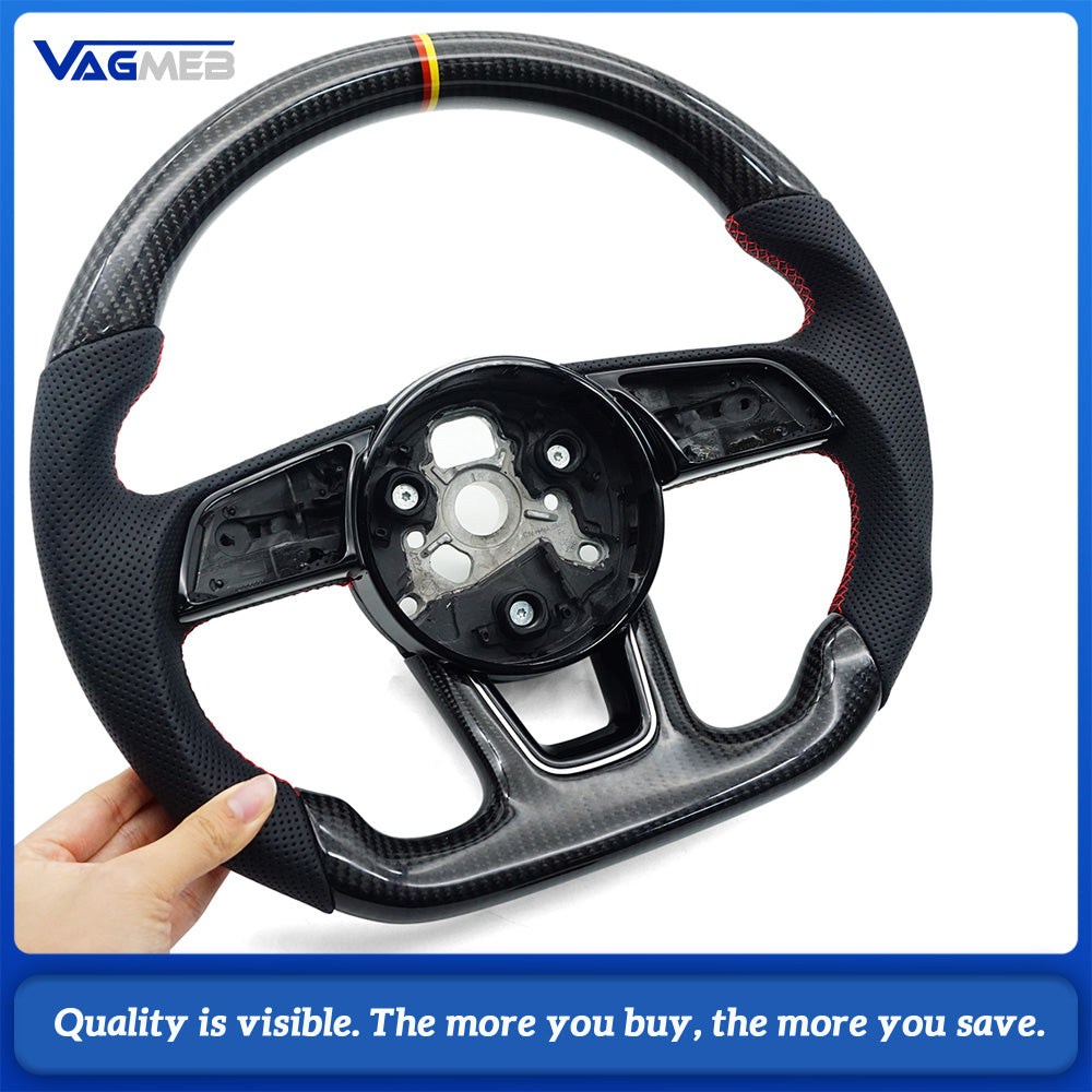 Carbon Fiber Half Perforated Steering Wheel Red Stitch Black-Red-Yellow Centering Mark No Paddle Shifters for Audi A4 B9