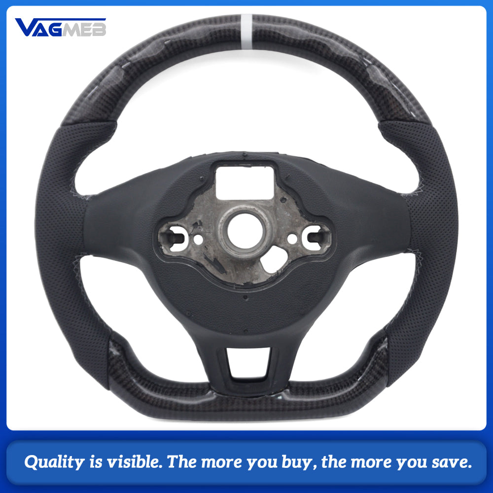 Carbon Fiber Sport Steering Wheel Semi‑Perforated Leather Grey Contrast Stitching White Center Mark Buttons Not Included For VW Transporter T6