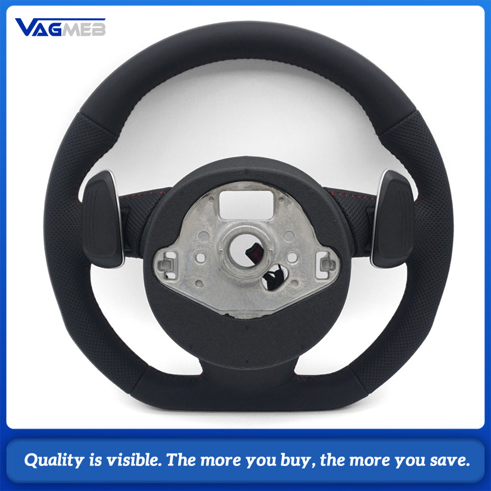 For Audi A4 B8 S-Line Sport Steering Wheel Heated Function Half Perforated Red Contrast Stitch Chrome Paddle Shifters No Buttons