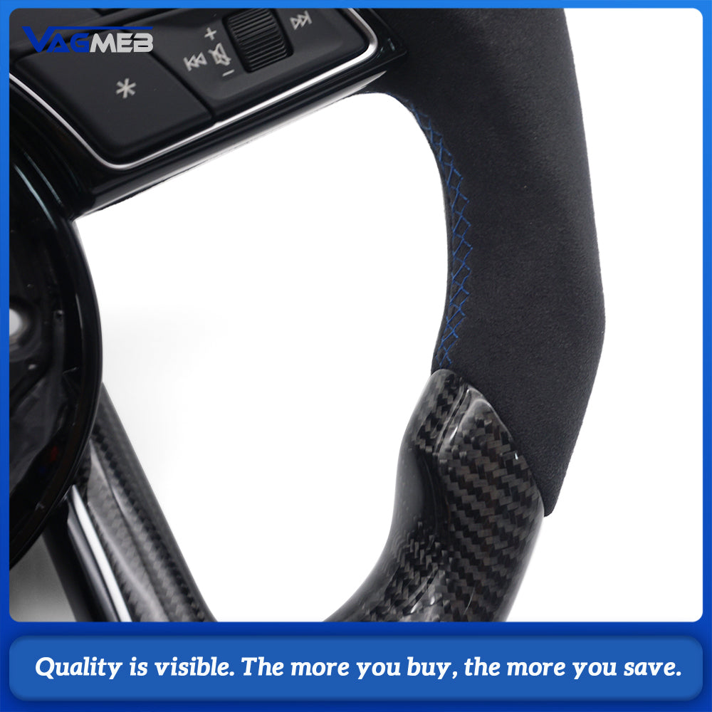 For Audi A4 B9 S Line Carbon Fiber Steering Wheel Half Alcantara Blue Stitch Blue Marker Buttons Airbag Assembly