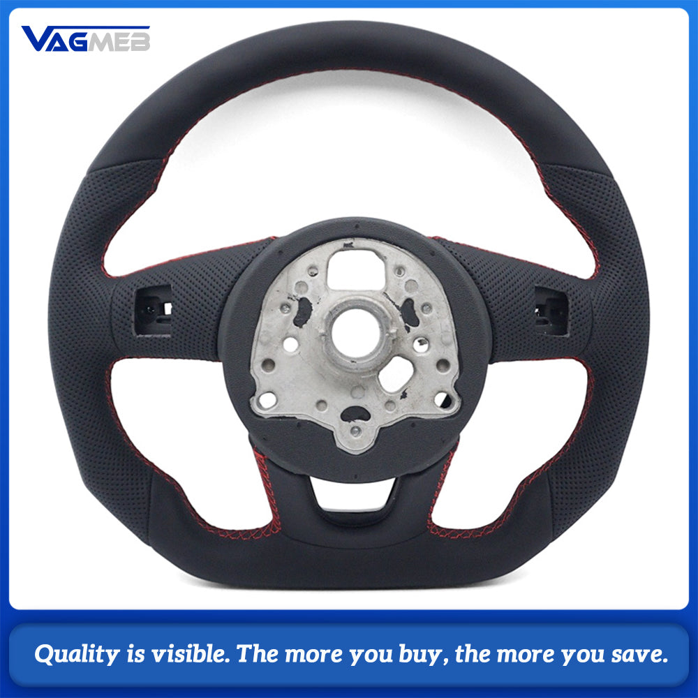 For Audi A4 B9 S logo Contoured Steering Wheel Base, Semi Perforated Leather with Red Contrast Stitching, No Shift Paddles, No Buttons, Car Interior Modification Sport Steering Wheel