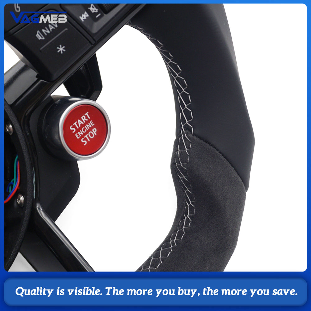 For Audi R8 Flat Bottom RS Steering Wheel Leather+Alcantara Gray Stitch With Buttons Shift Paddles R8 2 Buttons