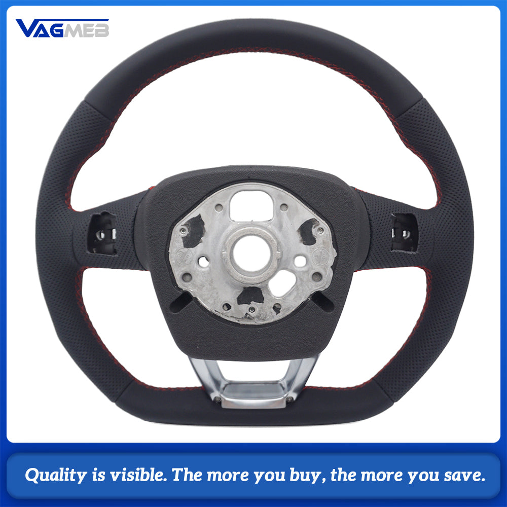 For Audi Q5L Semi Perforated Leather Steering Wheel Red Stitching Without Control Buttons & Shift Paddles Retrofit