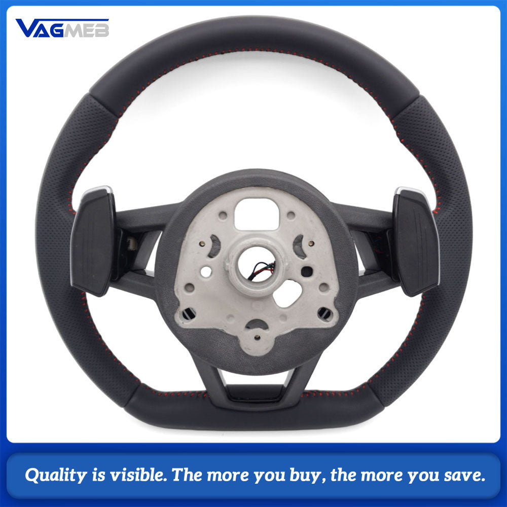 R8 Flat Bottom S-line Steering Wheel Half Perforated Red Stitch With Buttons Shift Paddles For Audi