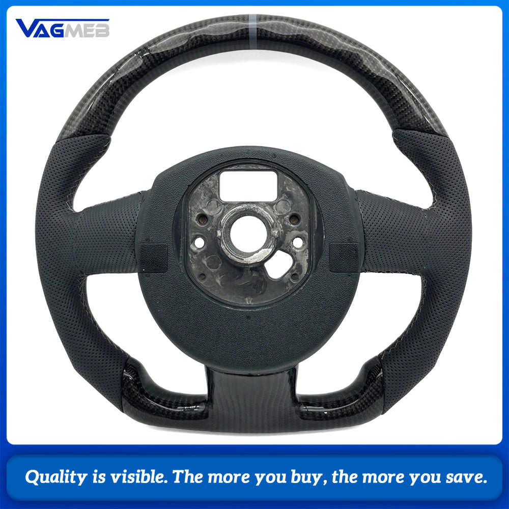 Carbon Fiber Half Perforated Steering Wheel For Audi A4 B7 2005-2008 Gray Stitching Gray Centering Mark Racing Style