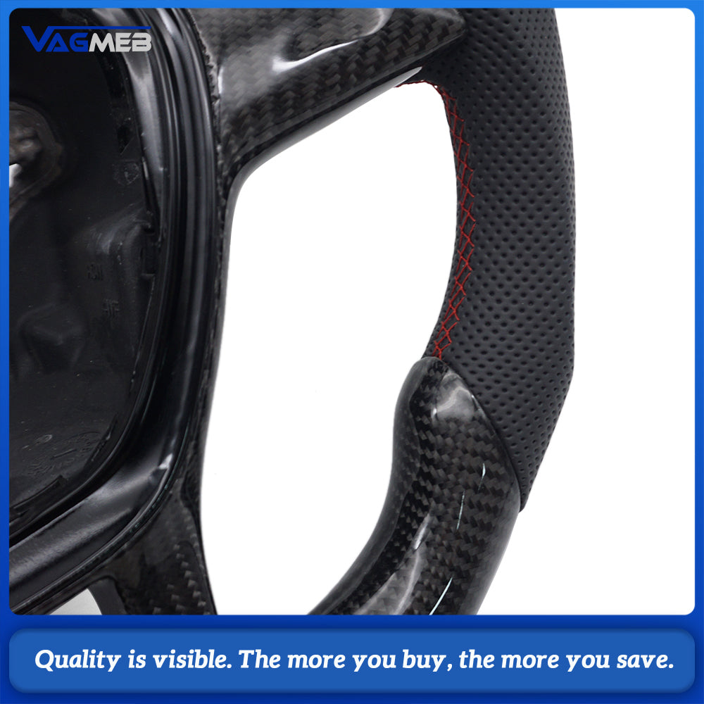 Car Carbon Fiber Half Perforated Leather Steering Wheel Red Stitch Red Centering Marker With Solid Carbon Fiber Button Frame For VW T6