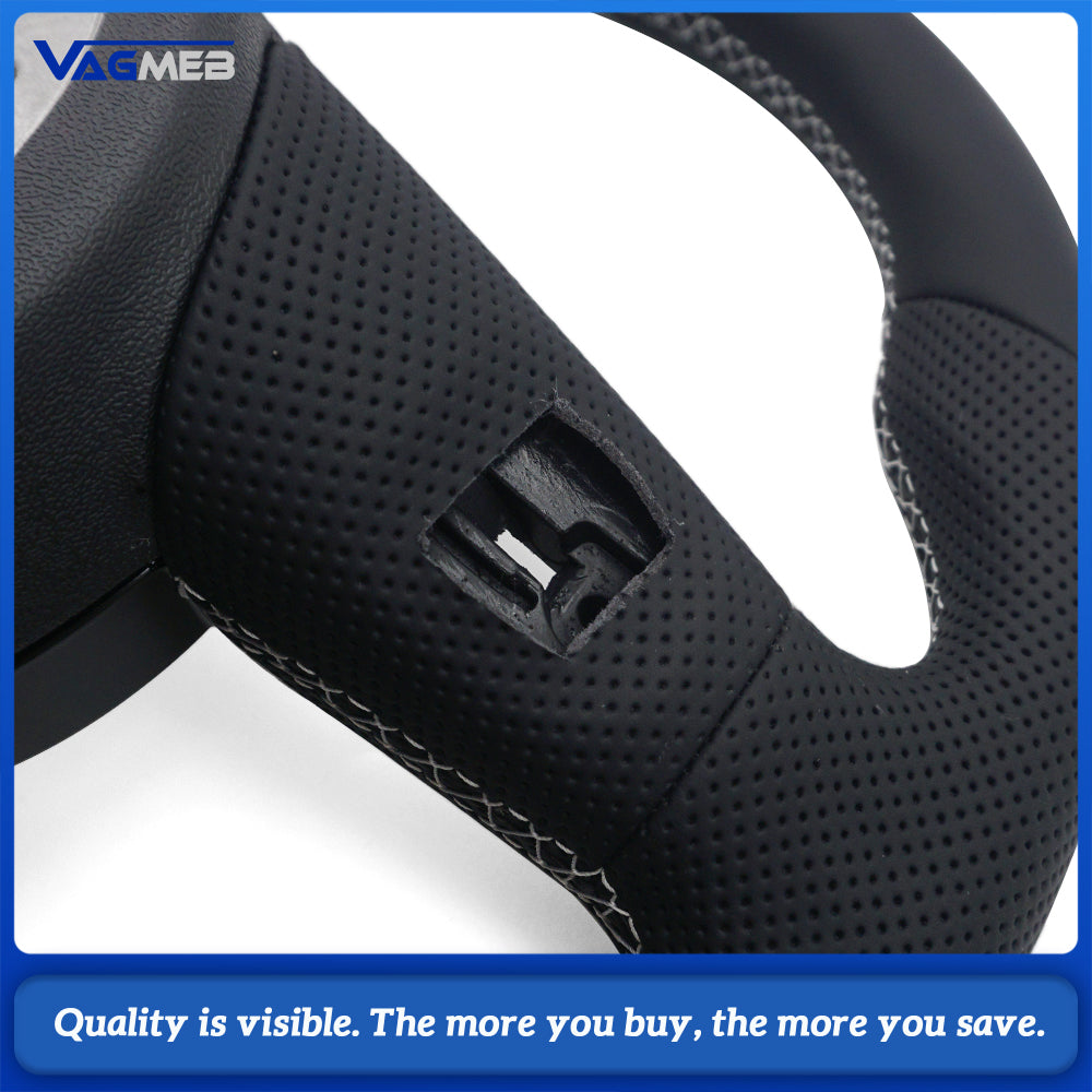 Sport Contoured Steering Wheel For Audi A4 B9, Half‑Perforated Leather White Stitching White Centering Mark, No Shift Paddles