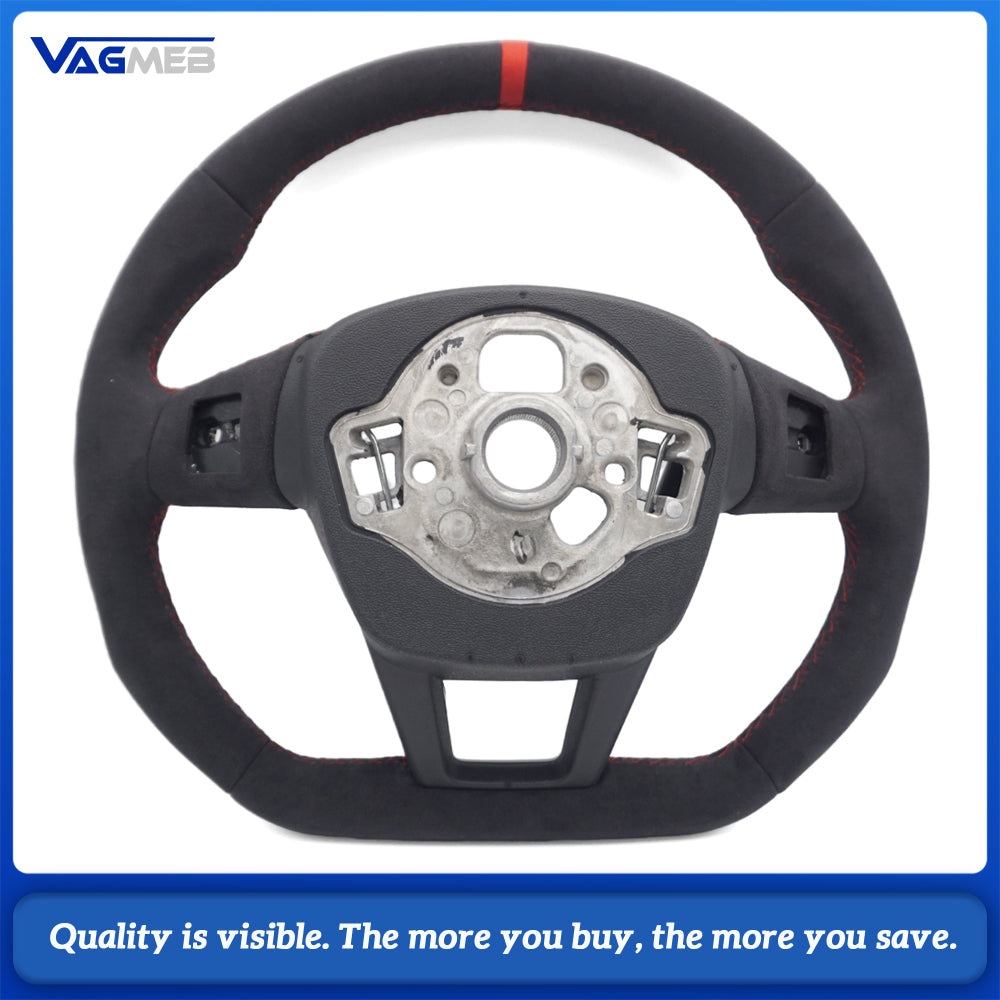 RS Steering Wheel For Audi A6L C8 A7 RS7, Full Alcantara, Black Gloss RS Logo, Red Stitching, Red Center Mark, Flat Bottom