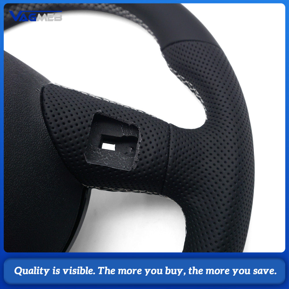 Semi‑Perforated Leather Steering Wheel White Stitching Black Center Mark No Paddle Shifters For Audi A4 B8