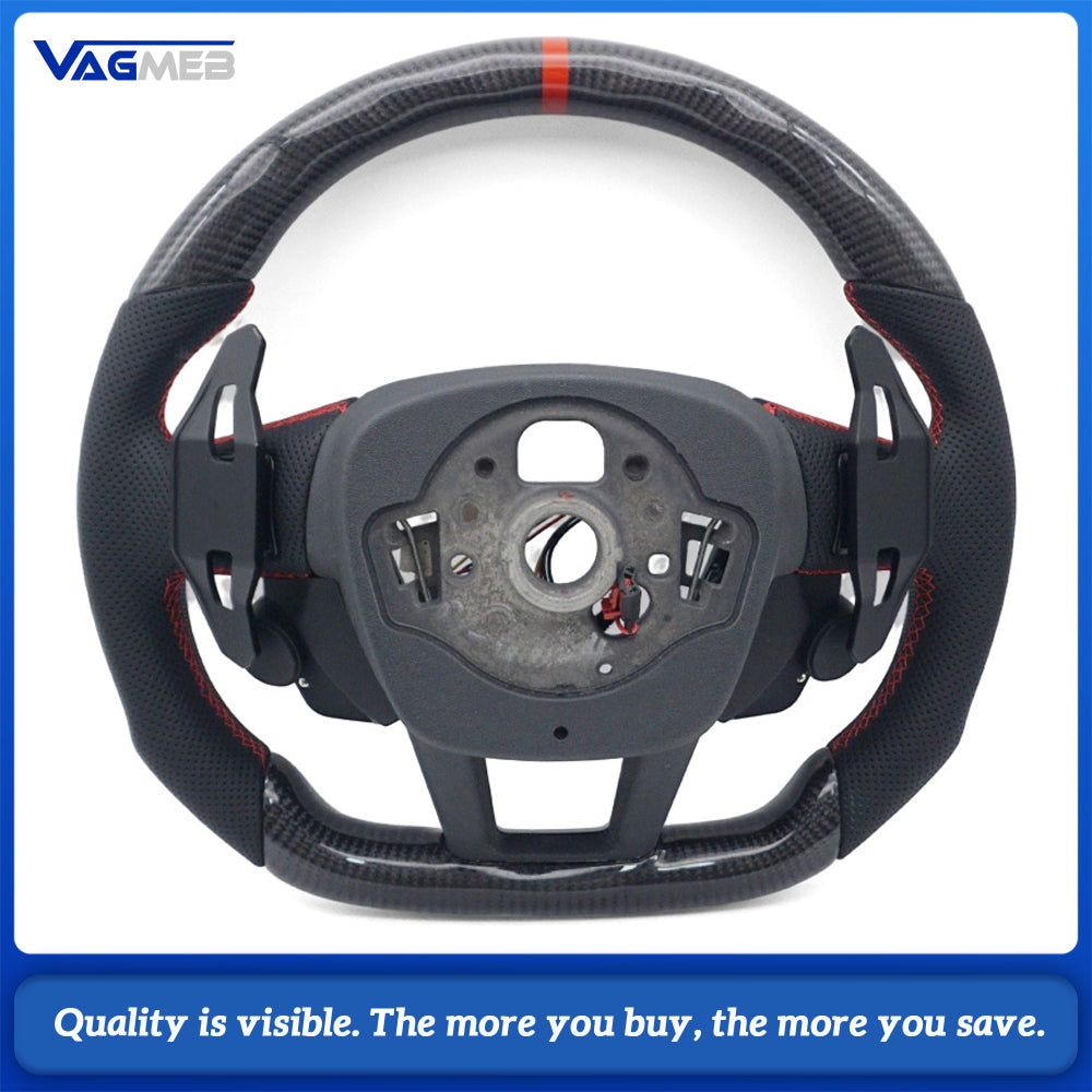 Carbon Fiber Half Perforated Steering Wheel, Gloss Black Trim, Red Stitch, Red Center Marker, R8 Buttons, Heating & Hands Off Detection, With Paddle Shifters & Multifunction Keys for Audi A6 C8