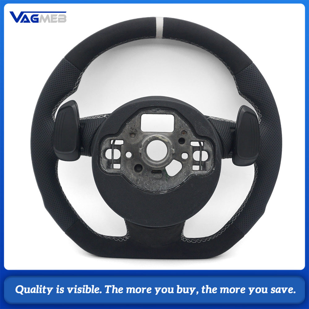 RS Sport Steering Wheel For Audi A6 C7 Alcantara Half Perforated White Stitch White 12 O'clock Marker With Buttons Chrome Shift Paddles Heated Optional