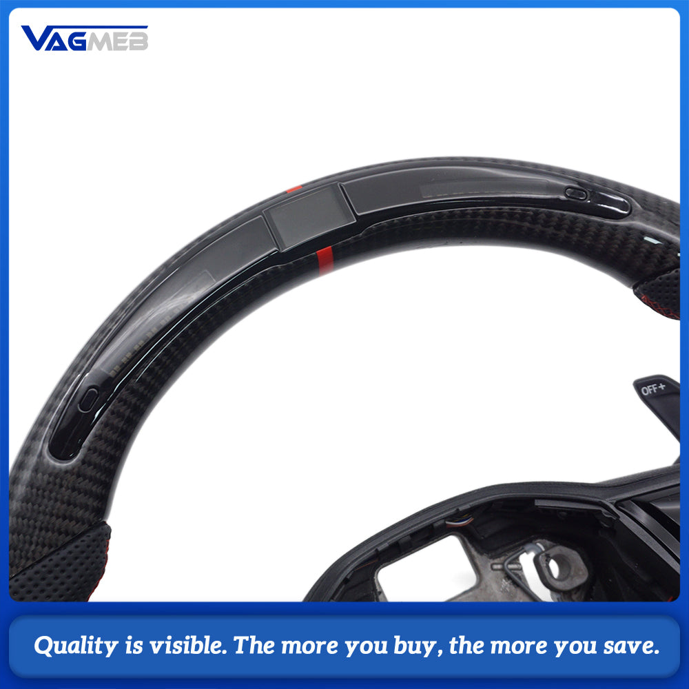 Car Sport LED Carbon Fiber Steering Wheel For VW Golf 8 MK8, Half Perforated Leather, Red Stitch, Red 12 O’Clock Center Mark, Equipped with Multi-function Buttons & Gear Shift Paddles