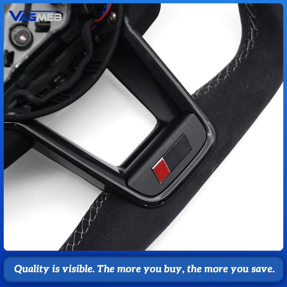 For Audi R8 Flat Bottom RS Steering Wheel Leather+Alcantara Gray Stitch With Buttons Shift Paddles R8 2 Buttons