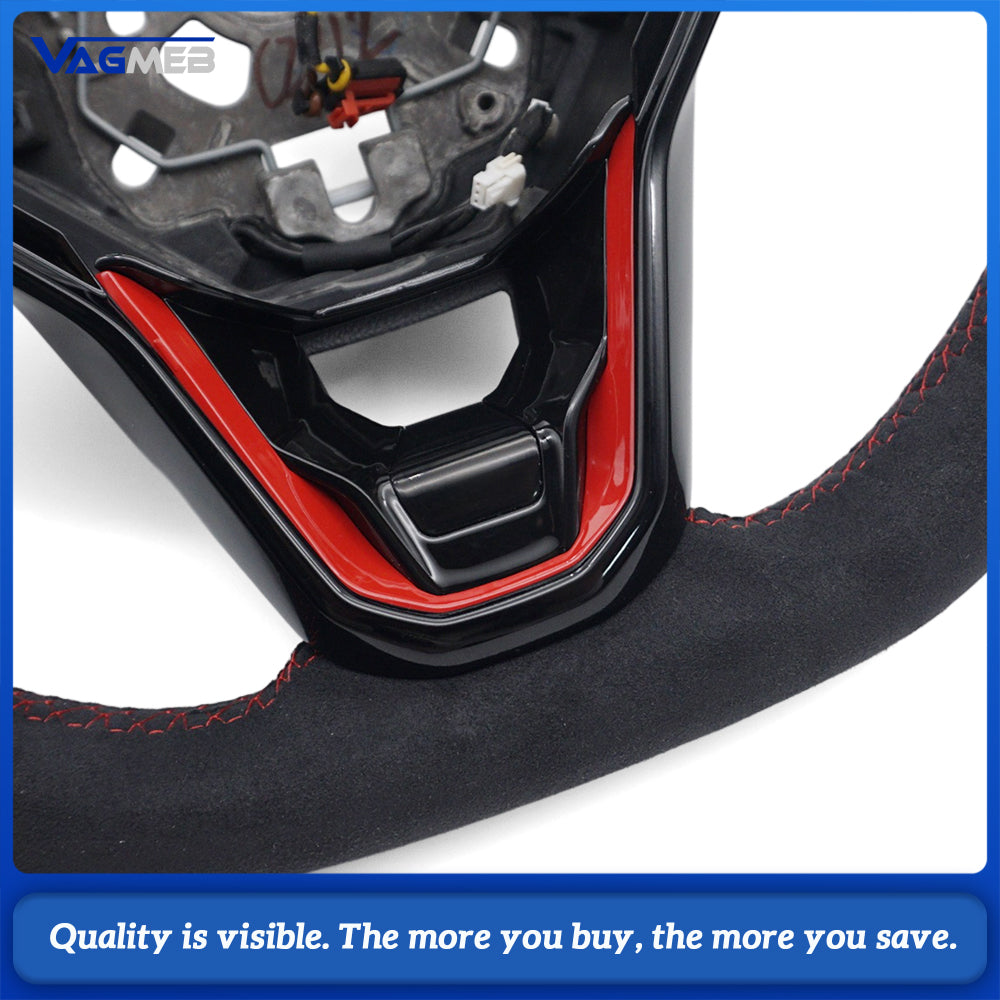 Car Full Suede Alcantara Steering Wheel Red Stitching Red Center Marker Without Control Buttons and Paddle Shifters Replacement For Volkswagen Golf 8 MK8
